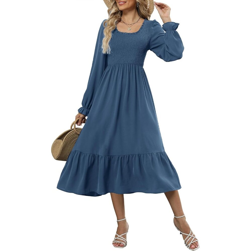 Women's Fall Square Neck Smocked Long Sleeve A Line Midi Dress Casual Flowy